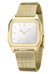 Orologio quadrato dorato con quadrante argentato, indicatori delle ore minimalisti e cinturino a rete texturizzato, caratterizzato da un design della cassa fluido.