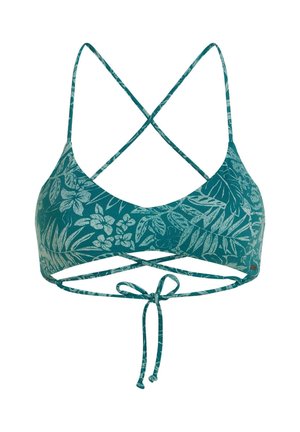 Žalio mėlynumo bikinio viršus su gėlių raštais, su kryžminėmis petnešėlėmis ir surišamu užsegimu nugaroje. Glotni medžiaga su lengva faktūra.