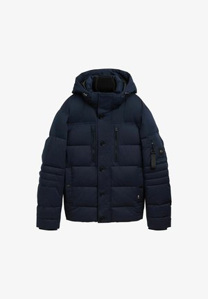 Giubbotto imbottito blu navy con design imbottito, cappuccio regolabile, chiusura frontale con bottoni e tasche con zip sul petto e sulle maniche.