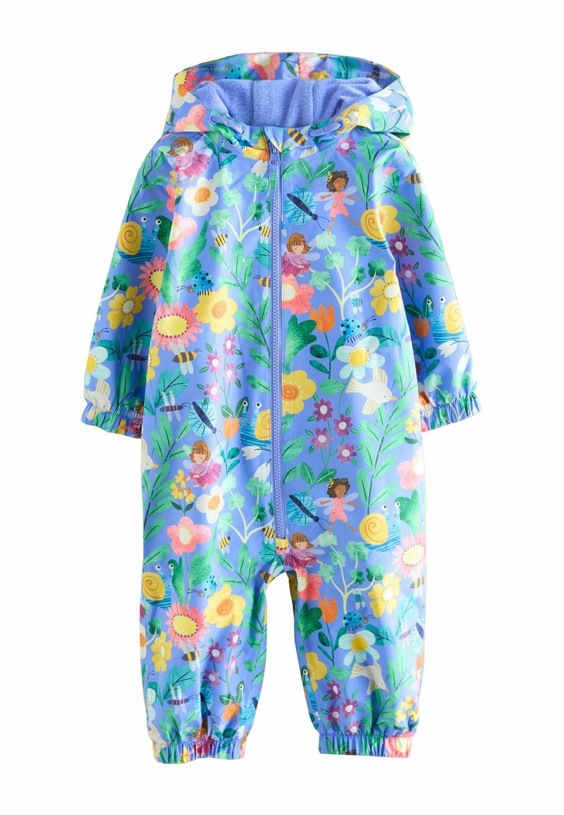 Modrá pláštěnka s barevným vzorem květin a hmyzu. Má kapuci, zapínání na zip a elastické manžety u kotníků a zápěstí.