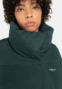 Jong persoon met krullend haar, gekleed in een donkergroene high-collar pufferjack met het label "ELEMENT CO. SINCE 1992" tegen een effen achtergrond.