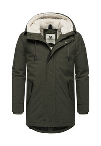Zelená parka s textúrovaným povrchom, fleece podšívkou kapucne, zipsom a gombíkovými zapínaniami, a dvoma bočnými vreckami. Má logo štítok na vnútornej podšívke.