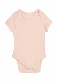 Kurzärmeliger Baby-Body aus weichem pinken Stoff, mit rundem Ausschnitt und Druckknöpfen an der Unterseite für einfaches Ankleiden.