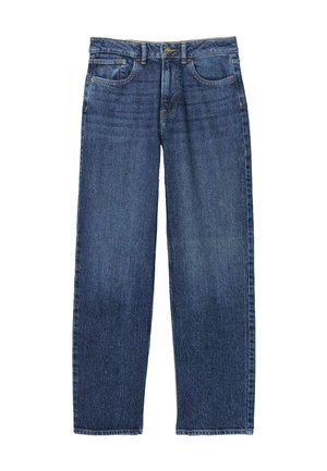 Blaue Jeans aus Denim mit lockerem Schnitt, ausgestattet mit fünf Taschen, einem Knopfverschluss und geraden Beinen. Das Material hat eine glatte Textur.