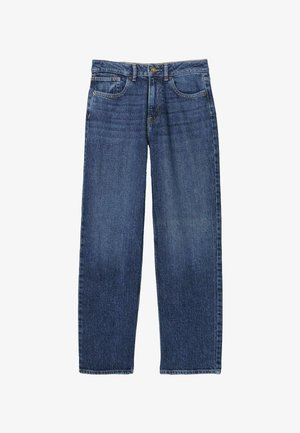 Blaue Jeans aus Denim mit lockerem Schnitt, ausgestattet mit fünf Taschen, einem Knopfverschluss und geraden Beinen. Das Material hat eine glatte Textur.