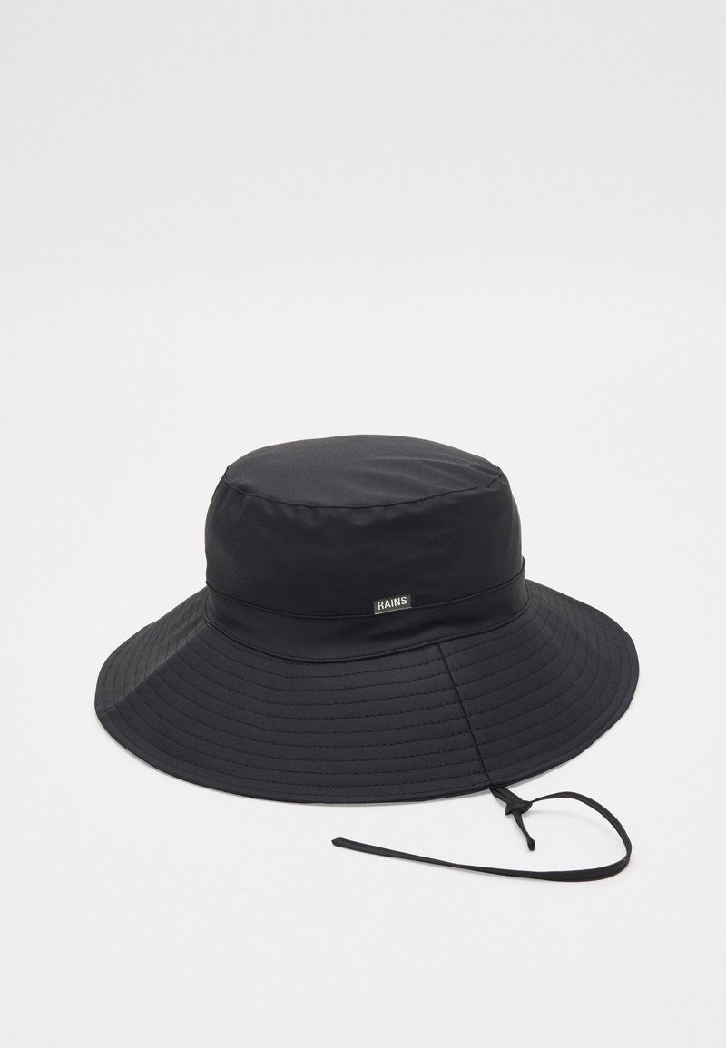 Black bucket hat made of waterproof fabric, featuring a wide brim, ribbed texture, and a tone-on-tone logo detail on the band.