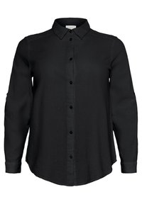 Camisa negra de manga larga hecha de una tela texturizada. Presenta un cierre delantero con botones, cuello puntiagudo y dobladillo redondeado con puños abotonados.