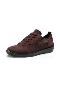 Zapatillas burdeos con parte superior de punto texturizado, acentos de ante, cordones negros y suela de goma negra flexible para mayor confort y soporte.