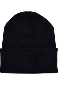 Strikket beanie i ensfarvet sort farve, med en foldet manchet, struktureret ribbet mønster og en sømløs, rund top uden udsmykninger.