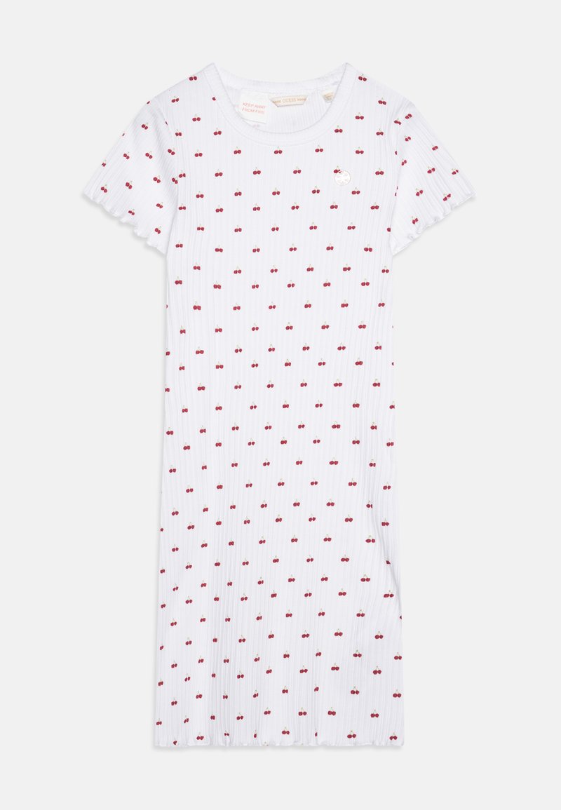 Biała sukienka z prążkowanej tkaniny z nadrukiem wisienek w kolorze czerwonym, z krótkimi rękawami i falbaniastym dekoltem. Zawiera mały detal z logo na piersi.