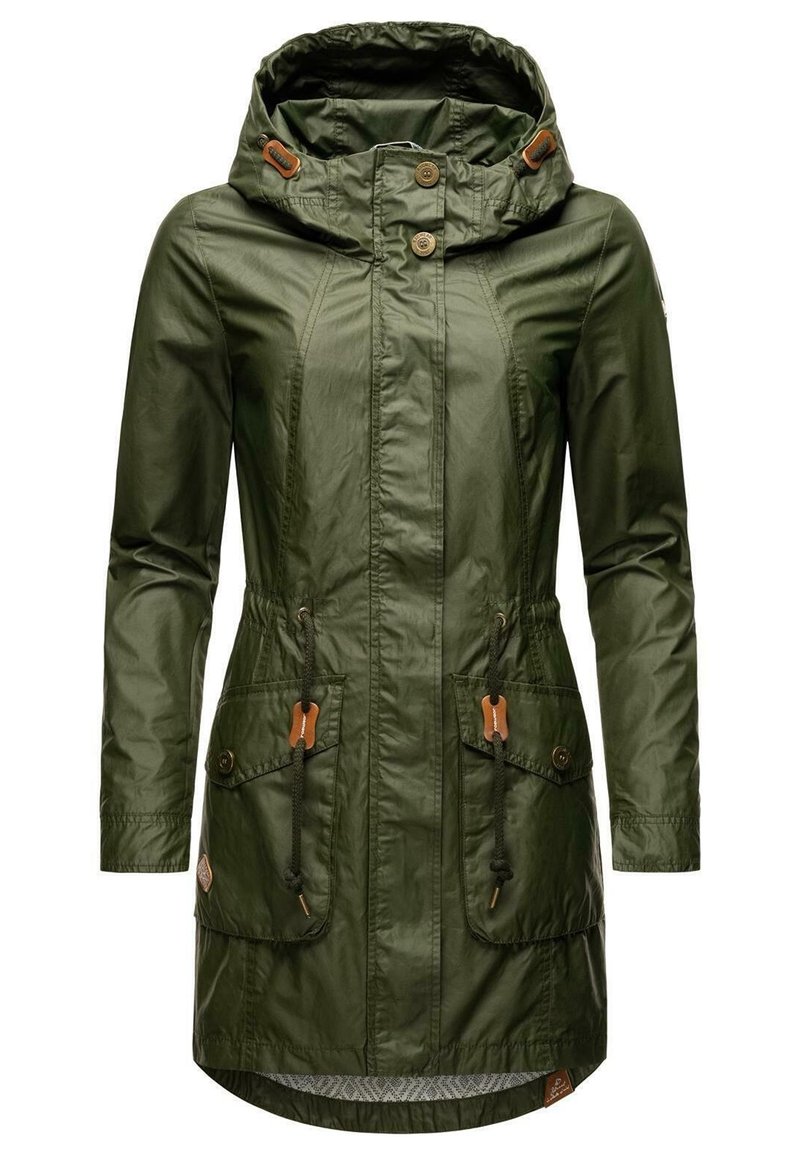 Olivgrön lättviktsparka med huva, som har två framfickor, justerbara snoddar och bruna läderdetaljer. Slät textur.