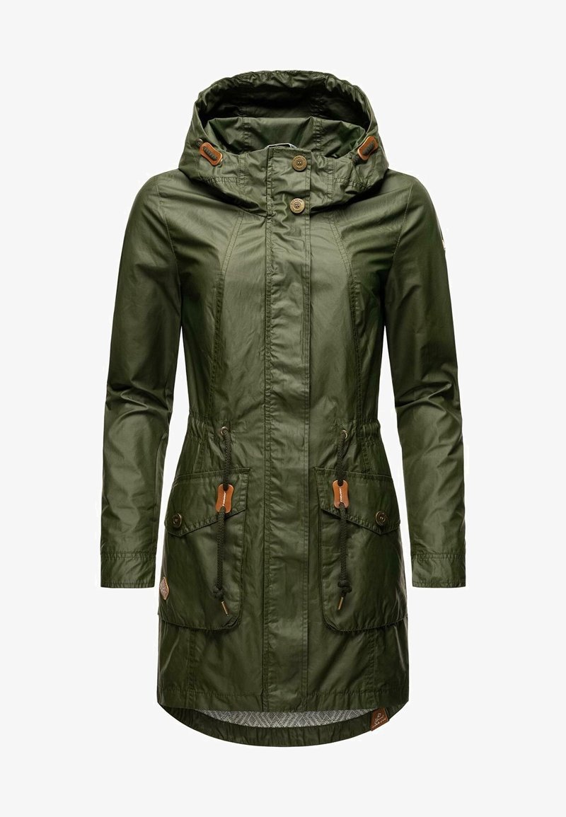 Olivgrön lättviktsparka med huva, som har två framfickor, justerbara snoddar och bruna läderdetaljer. Slät textur.