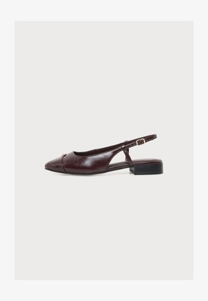 Ciemnobrązowy płaski but typu slingback z ostrym noskiem, niskim czarnym obcasem, cienkim paskiem na kostce i złotą klamrą, widziany z boku na białym tle.