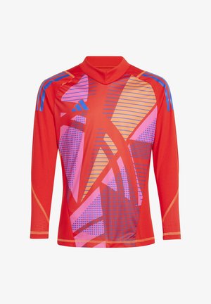 Red long-sleeve shirt with abstract patterns in pink, orange, and blue. Made from lightweight material with a mock collar and contrasting seams.