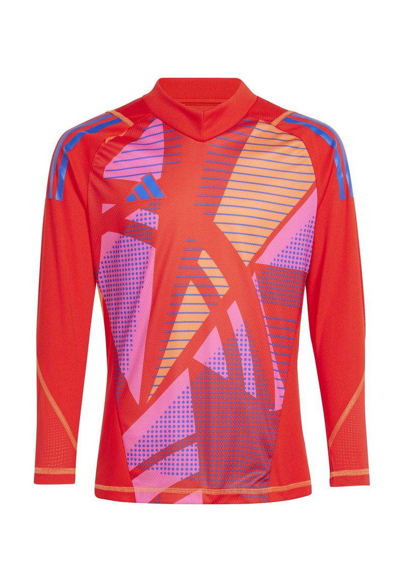 Rode lange mouwen shirt met abstracte patronen in roze, oranje en blauw. Gemaakt van lichtgewicht materiaal met een schijnbare kraag en contrasterende naden.