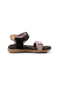 Sport sandaler med en ovandel i svart och rosa textil, justerbara remmar och en lätt färgad gummisula med en strukturerad yta.