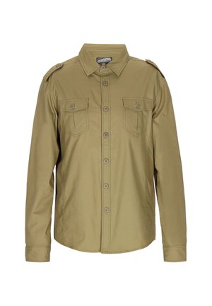 Beige hosszú ujjú ing, gombos elülső résszel, két mellzsebbel, vállpántokkal, és sima szövet textúrával.