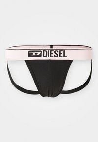Fekete jockstrap széles világosrózsaszín derekú pánttal, amelyen feltűnő fekete Diesel logó található, és vékony fekete elasztikus lábpántokkal, fehér háttérrel.