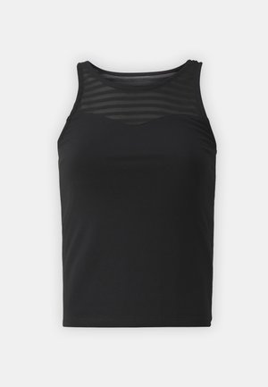 Black tank top with a textured mesh panel at the neckline and a fitted body. The fabric is smooth with a slight sheen.