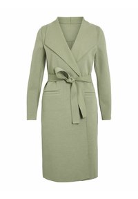 Manteau ceinturé vert clair longueur genou avec manches longues, larges revers et deux poches plaquées à l'avant, conçu pour une coupe décontractée.