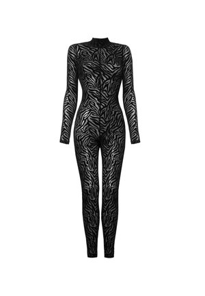 Body trasparente nero con maniche lunghe, colletto alto e motivo a strisce zebra. Presenta un design aderente e un tessuto a rete testurizzato.