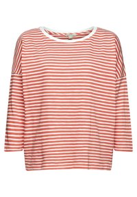 Červený a bílý pruhovaný top s kulatým výstřihem a rukávy po lokty, vyrobený z měkké bavlny.
