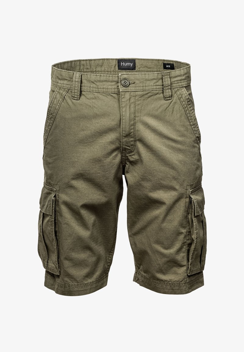 Cargo shorts in olive green fabric, featuring side pockets, belt loops, and a button closure. Textured surface with visible stitching.