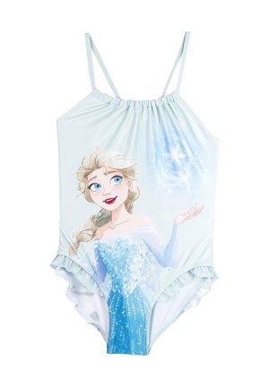 Maillot de bain avec un fond bleu clair, orné d'un personnage imprimé, de bords volantés et d'un design étincelant sur le corsage.