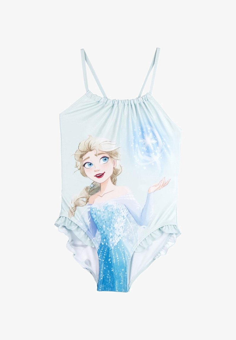 Maillot de bain avec un fond bleu clair, orné d'un personnage imprimé, de bords volantés et d'un design étincelant sur le corsage.