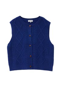 Blå ull ärmlös väst med en texturerad diamantmönster, fem bruna knappar framtill och en rundad halsringning.