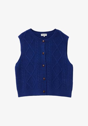 Chaleco sin mangas de lana azul con un patrón de diamantes texturizado, cinco botones marrones en la parte delantera y un escote redondeado.