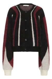 Schwarze, rote und weiße flauschige Strickjacke mit Knöpfen, langen Ärmeln und runder Halsausschnitt, mit vertikalen und gebogenen Streifenmustern.