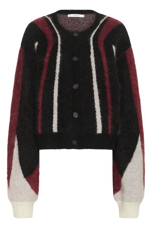 Black, red, and white fuzzy knit button-up cardigan with long sleeves and a round neckline, featuring vertical and curved stripe patterns.