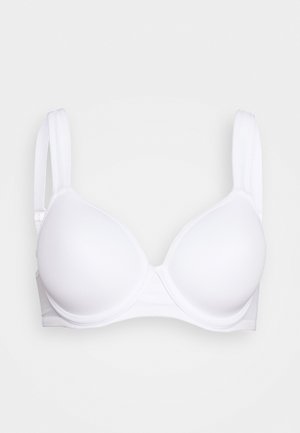 Sostén blanco liso con aros, copas acolchadas y tirantes ajustables sobre fondo sencillo.