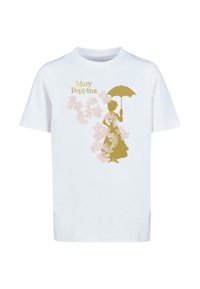 White cotton t-shirt featuring a gold silhouette of a figure with an umbrella, surrounded by pink floral designs and the text "Mary Poppins."