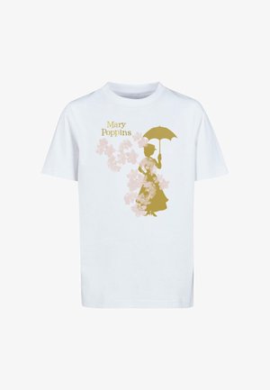 Hvid bomulds t-shirt med en gylden silhuet af en figur med en paraply, omgivet af rosa blomsterdesigns og teksten "Mary Poppins."