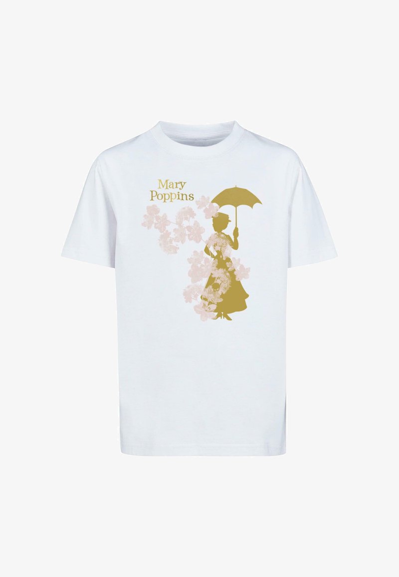 White cotton t-shirt featuring a gold silhouette of a figure with an umbrella, surrounded by pink floral designs and the text "Mary Poppins."