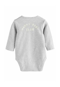 Grå randig långärmad bodysuit med "HAPPY BABY CLUB" broderat i ljusgult på baksidan. Mjuk, elastisk tyg.