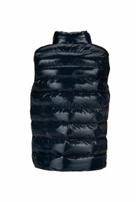 Chaleco de plumas de color navy con un acabado brillante, que cuenta con un alto cuello y un diseño acolchado horizontal. Construcción ligera y sin mangas.