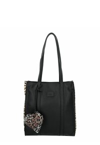 Schwarze Leder-Shopper-Tasche mit strukturiertem Finish, Akzenten im Leopardenmuster und einem dekorativen herzförmigen Anhänger. Mit zwei Tragegriffen.