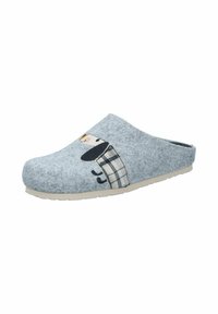 Gray felt slippers with a rounded shape, featuring a sheep design and a black and white plaid accent on the side. Light-colored sole.