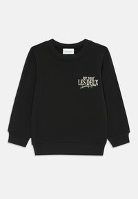 Black sweatshirt with ribbed crew neck and cuffs. Features embroidered text "EST. 2011" and "LES DEUX" in gold and green. Plain texture.