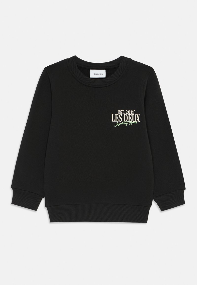 Black sweatshirt with ribbed crew neck and cuffs. Features embroidered text "EST. 2011" and "LES DEUX" in gold and green. Plain texture.
