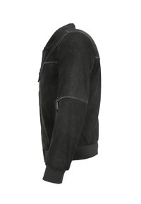 Schwarze Wildleder-Bomberjacke mit gerippten Bündchen und Saum. Verfügt über einen Reißverschluss und seitliche Taschen. Glatte Textur mit einer schlanken, engen Passform.