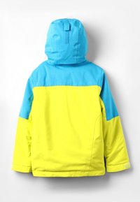 Barnjacka med blå huva och övre del, ljusgul nederdel. Har en slät, vattentät yta och justerbar huva.