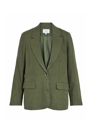 Olive green single-button blazer with notch lapels, long sleeves, and two front flap pockets, lined inside.