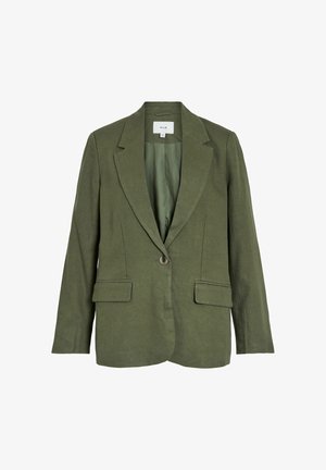 Blazer verde oliva de un solo botón con solapas con muesca, mangas largas y dos bolsillos delanteros con solapa, forrado por dentro.