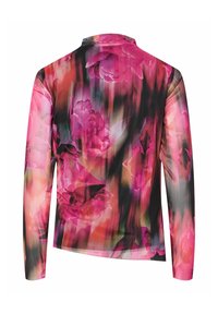 Langarmig overhemd met bloemenpatroon in tinten roze, zwart en groen; glad, lichtgewicht stof; voorzien van een ronde halslijn en subtiele vervaging.