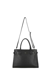Sac à main en cuir noir texturé avec deux poignées courtes et une longue bandoulière réglable, avec un petit logo métallique sur le devant.