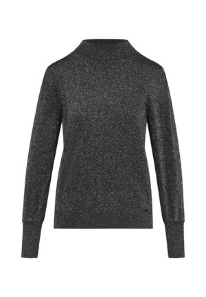 Pull noir pailleté avec un col montant et des manches longues. Fabriqué à partir d'un tissu doux et texturé, il présente un design ajusté et des poignets côtelés.